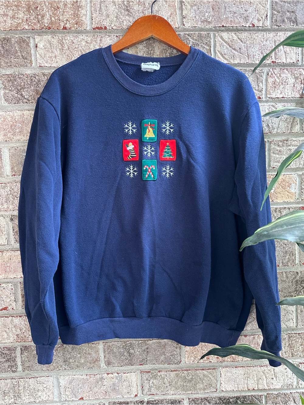 Festive Vintage Blue Christmas Holiday Embroidered Crewneck Sweater XL